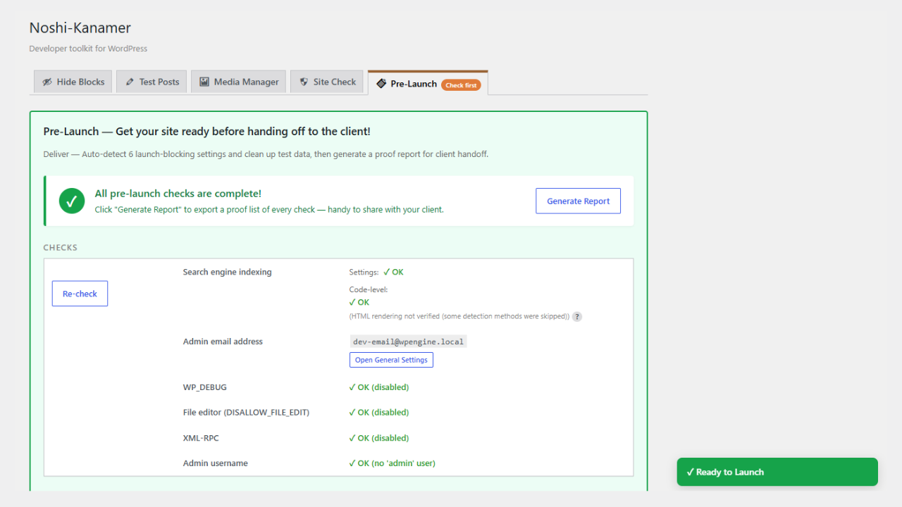 Noshi-Kanamer's Pre-Launch tab showing all checks passed and a Ready to Launch banner