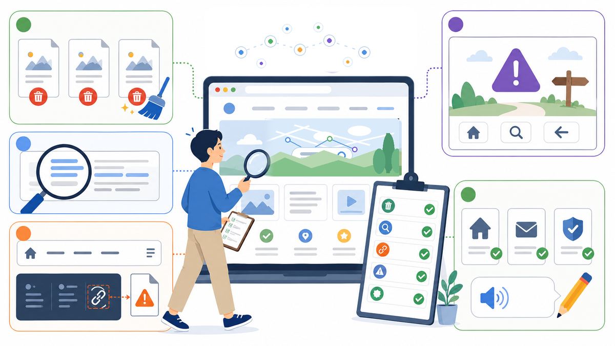 Illustration of cleaning up dummy content, checking a 404 page, and fixing broken links before launch