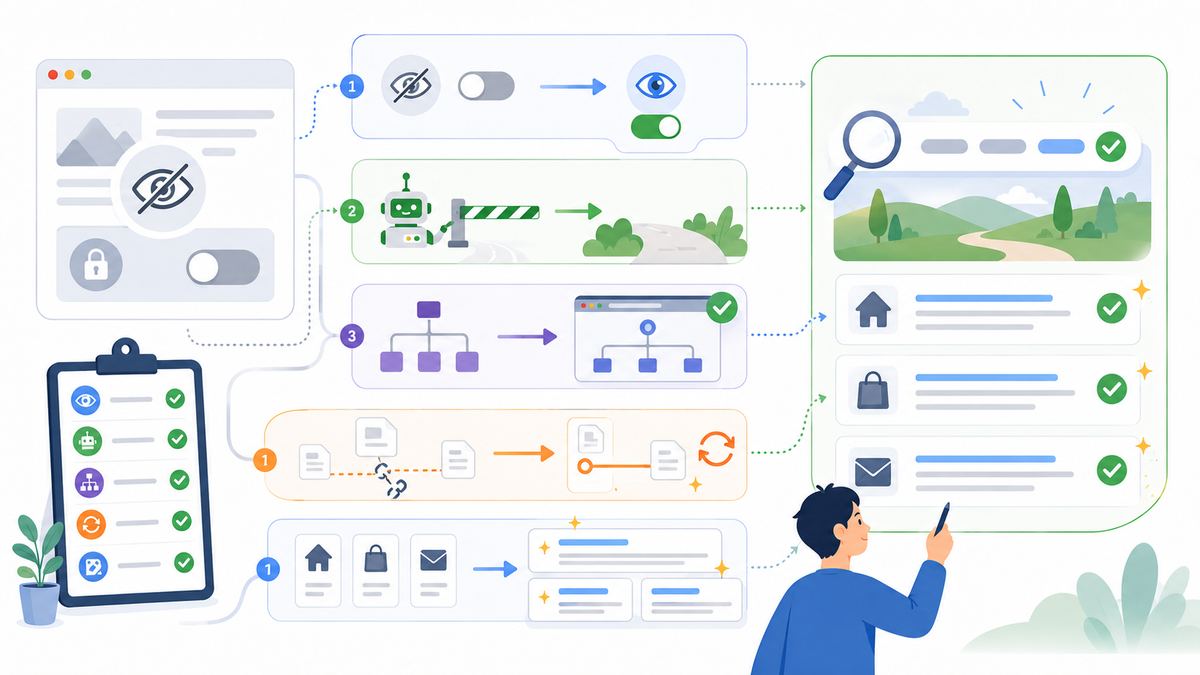 Illustration of turning on search visibility, checking robots.txt, submitting a sitemap, and writing meta titles
