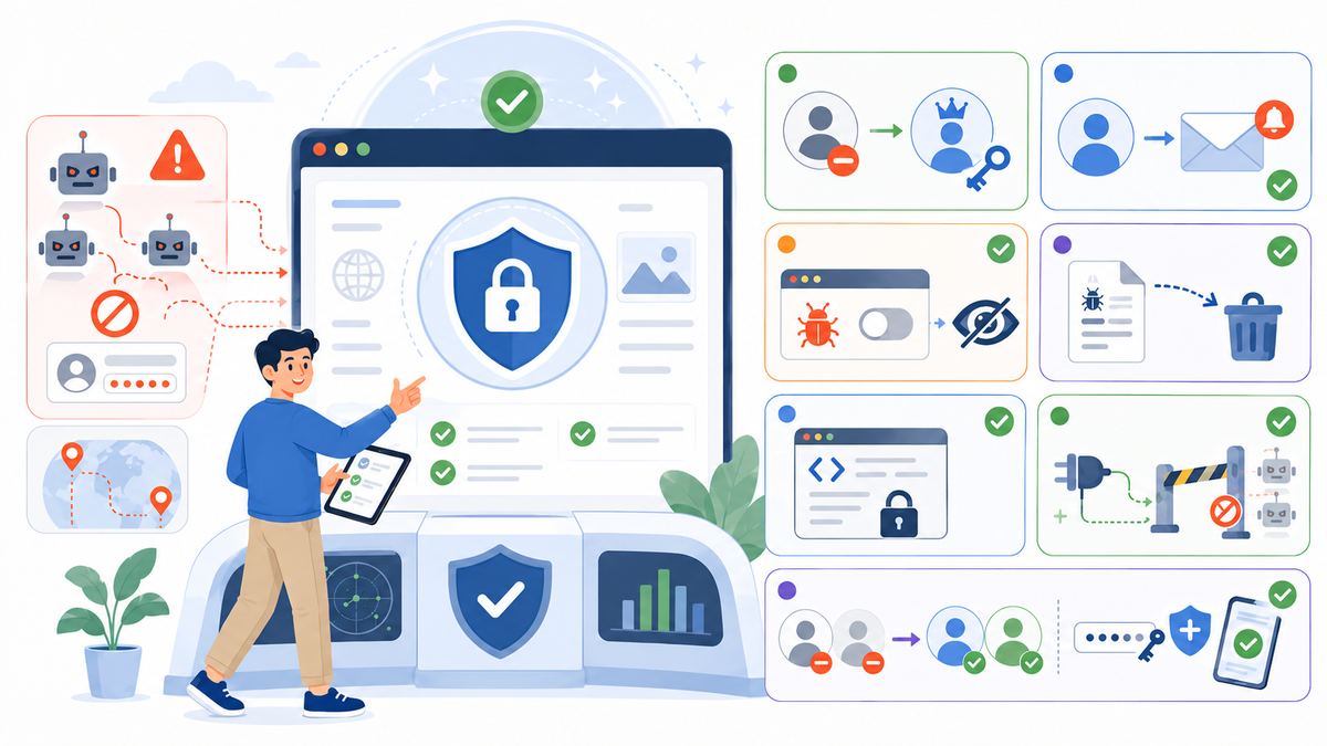 Illustration of WordPress security steps: renaming the admin user, securing the admin email, disabling debug mode, and enforcing strong passwords