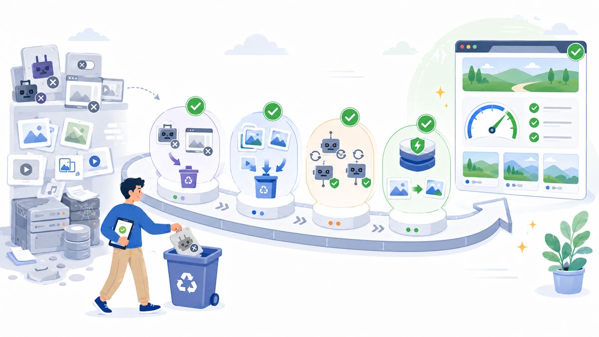 Illustration of removing unused plugins and media, checking for outdated plugins, and enabling caching