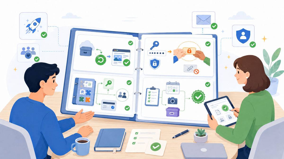 Illustration of a verified backup, secure credential handoff, license documentation, and a completed proof-of-work report