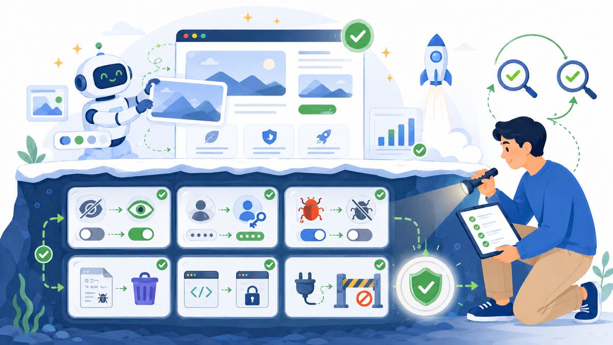 Illustration of launch-safety items hidden below the surface of a polished, AI-generated website